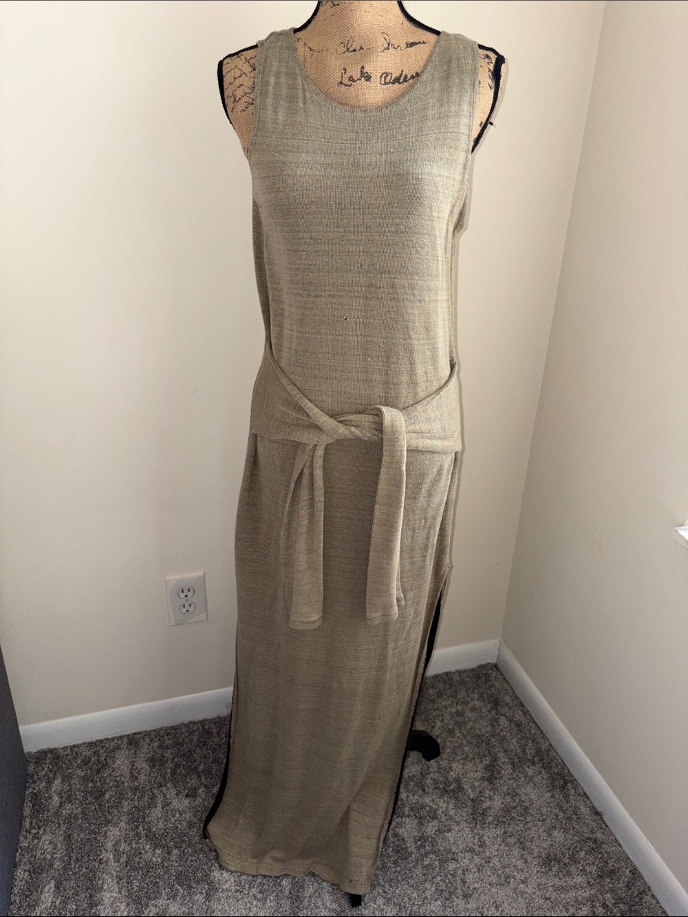 Sleeveless Knit Maxi Dress with Tie Waist - Beige